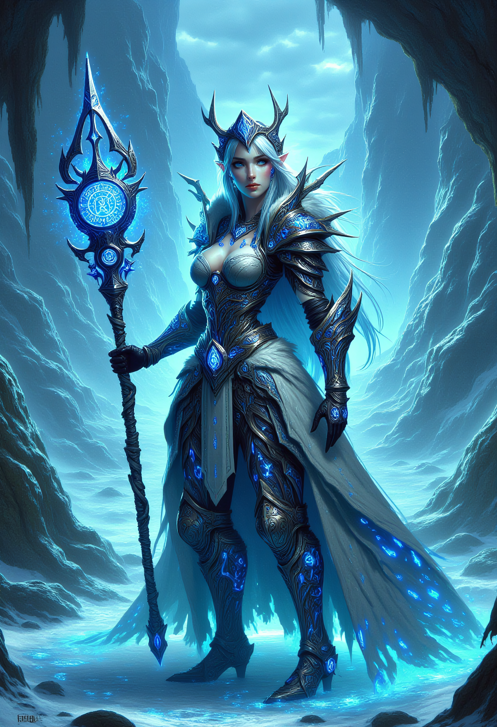 realistic scenery, ultra high quality, very detailed, gorgeous ice sorceress wearing body armor and holding an entchanted mage battle staff, from below, <lora:Glowing_Runes_Flux>