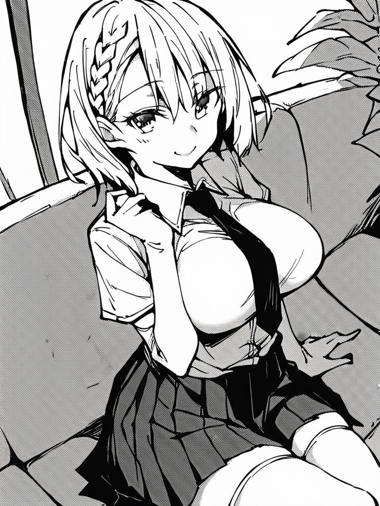 score_9, score_8_up, score_7_up,  
1girl, monochrome, kokonoe moka, white hair, medium hair, braid, large breasts,

sitting, couch, smile, closed mouth, looking at viewer, white shirt, necktie, school uniform, pleated skirt, white thighhighs, white elbow gloves,