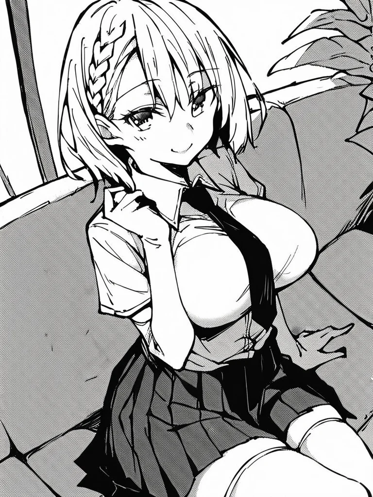 score_9, score_8_up, score_7_up,
1girl, monochrome, kokonoe moka, white hair, medium hair, braid, large breasts,
sitting, couch, smile, closed mouth, looking at viewer, white shirt, necktie, school uniform, pleated skirt, white thighhighs, white elbow gloves,
