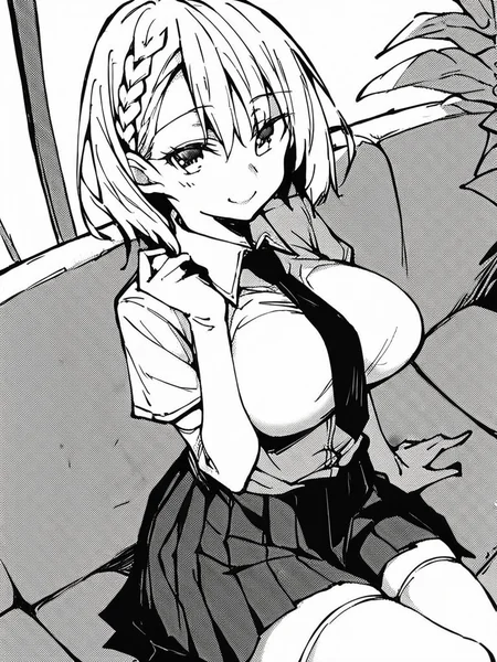 score_9, score_8_up, score_7_up,
1girl, monochrome, kokonoe moka, white hair, medium hair, braid, large breasts,
sitting, couch, smile, closed mouth, looking at viewer, white shirt, necktie, school uniform, pleated skirt, white thighhighs, white elbow gloves,