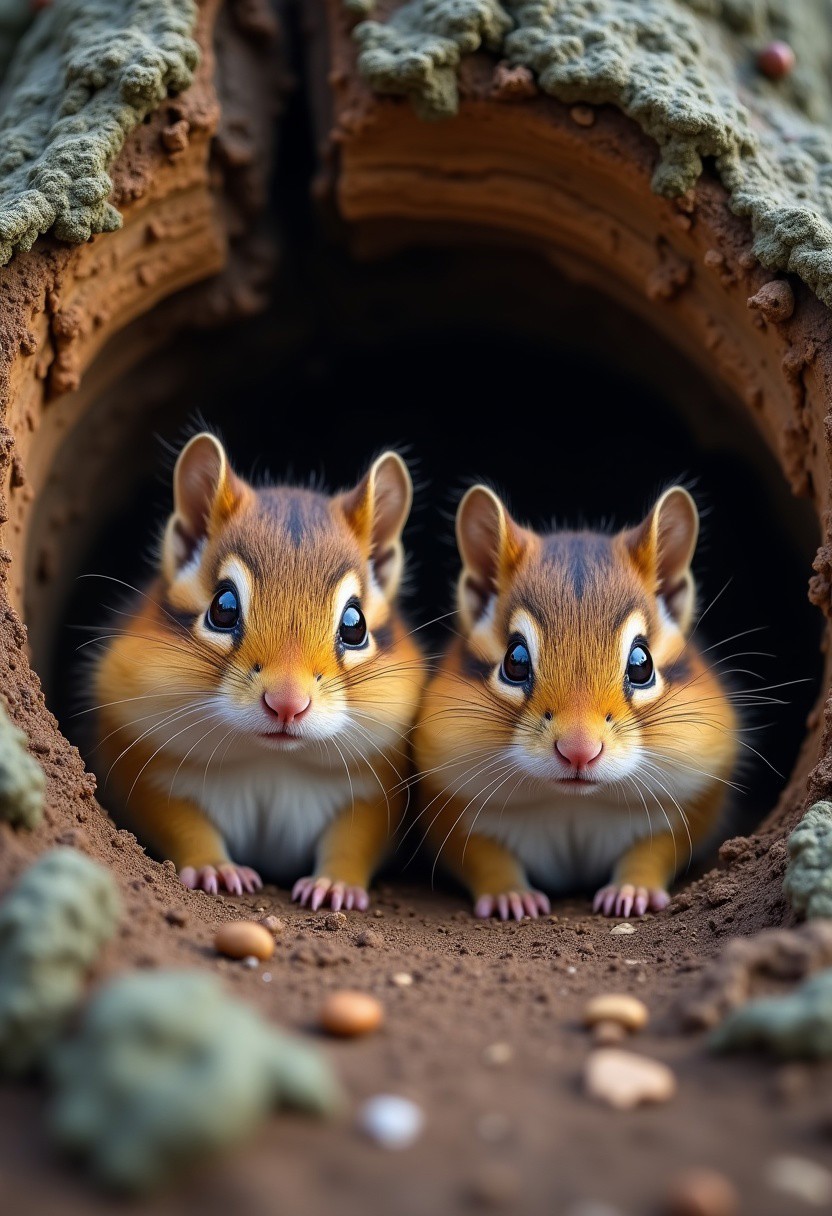 Two cute fluffy chipmunks' faces peek out of a burrow near a tree, realistic, close-up, intricate details, hyper-realism, ultra-sharp, colorful professional photoshoot, chiaroscuro lighting