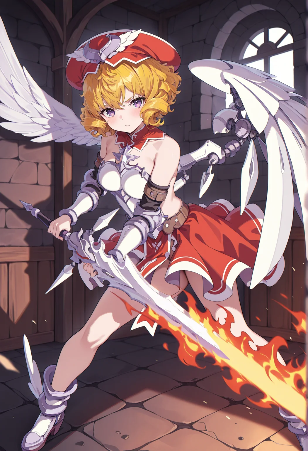 1girl, blonde hair, short hair, purple eyes, single mechanical wing, single angel wing, hat, winged hat, sideless outfit, armored dress, skirt, medium breasts, boots, winged footwear, indoors, dungeon, holding flaming sword, fighting stance <lora:laila_qb:1> looking at viewer,, masterpiece, best quality, amazing quality, very aesthetic, absurdres, highres, newest