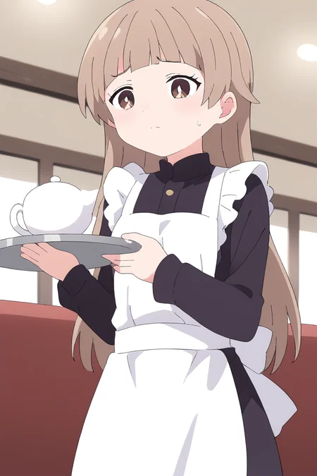 score_9, score_8_up, score_7_up , source_anime, solo, intricate details, masterpiece, high quality, prefect hands, best quality , anime screencap, <lora:DetailedEyes_V3:1> , KatanoPN, 1girl , brown eyes , white pupil , brown hair , long hair , cafe , <lora:Katano_Bat_Holy_Envoy_Cross_Near_Heart:1> , sweating , sweat , cute , wet skin , jyojifuku,frills,kneehighs, white apron , <lora:maid dress_noobep_V1.0:1> ,holding tray,