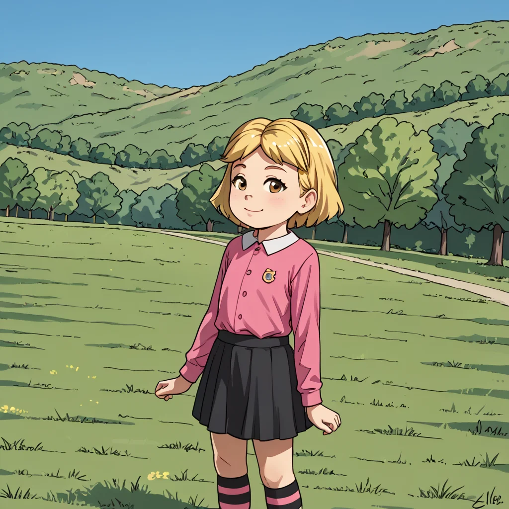 outside,  <lora:EmilyElizabethHoward_Clifford_PXL_Leaf1:1> emilyelizabeth, 1girl, solo, female child, , short hair, blonde hair, shirt, skirt, striped socks