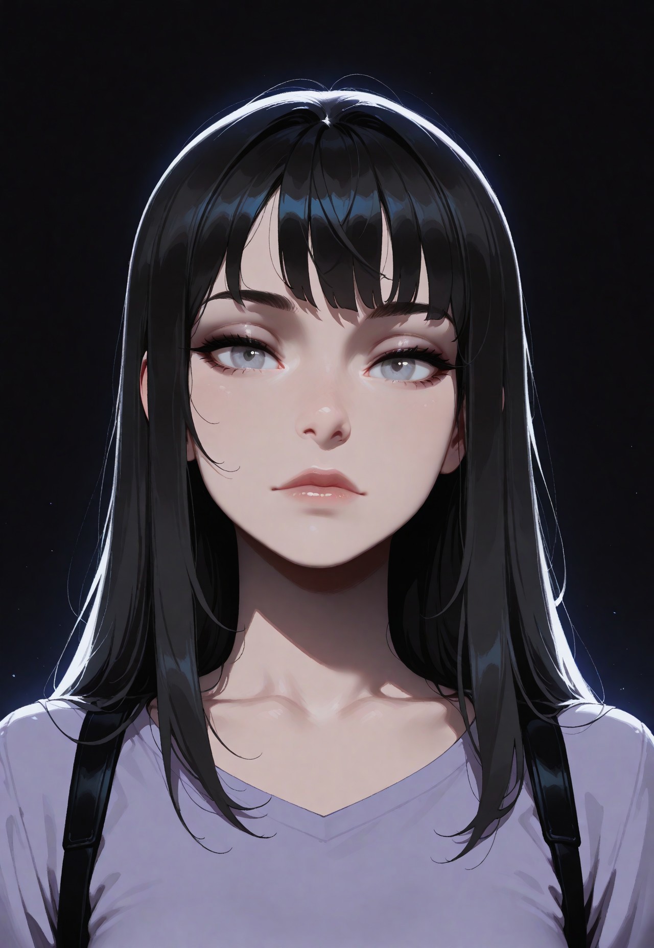 HDR, 8K, high contrast, masterpiece, best quality, amazing quality, very aesthetic, realistic, newest, volumetric lighting, (artist:incase:0.5), (artist:tsuaii:0.5), (flat colors:2), haiz_ai, no lineart, no outline,
1girl, face portrait,, black hair, grey eyes, bangs, front view, standing, looking at viewer, white background
