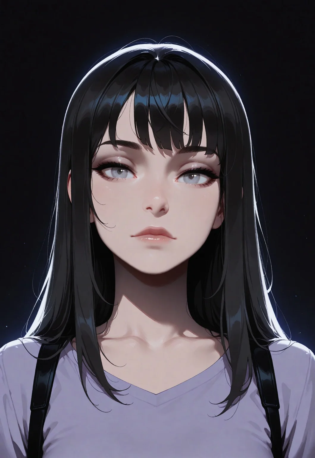 HDR, 8K, high contrast, masterpiece, best quality, amazing quality, very aesthetic, realistic, newest, volumetric lighting, (artist:incase:0.5), (artist:tsuaii:0.5), (flat colors:2), haiz_ai, no lineart, no outline,
1girl, face portrait,, black hair, grey eyes, bangs, front view, standing, looking at viewer, white background