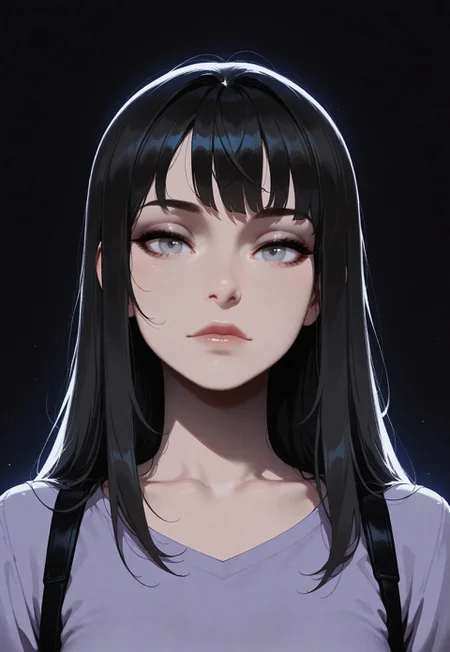 HDR, 8K, high contrast, masterpiece, best quality, amazing quality, very aesthetic, realistic, newest, volumetric lighting, (artist:incase:0.5), (artist:tsuaii:0.5), (flat colors:2), haiz_ai, no lineart, no outline,
1girl, face portrait,, black hair, grey eyes, bangs, front view, standing, looking at viewer, white background