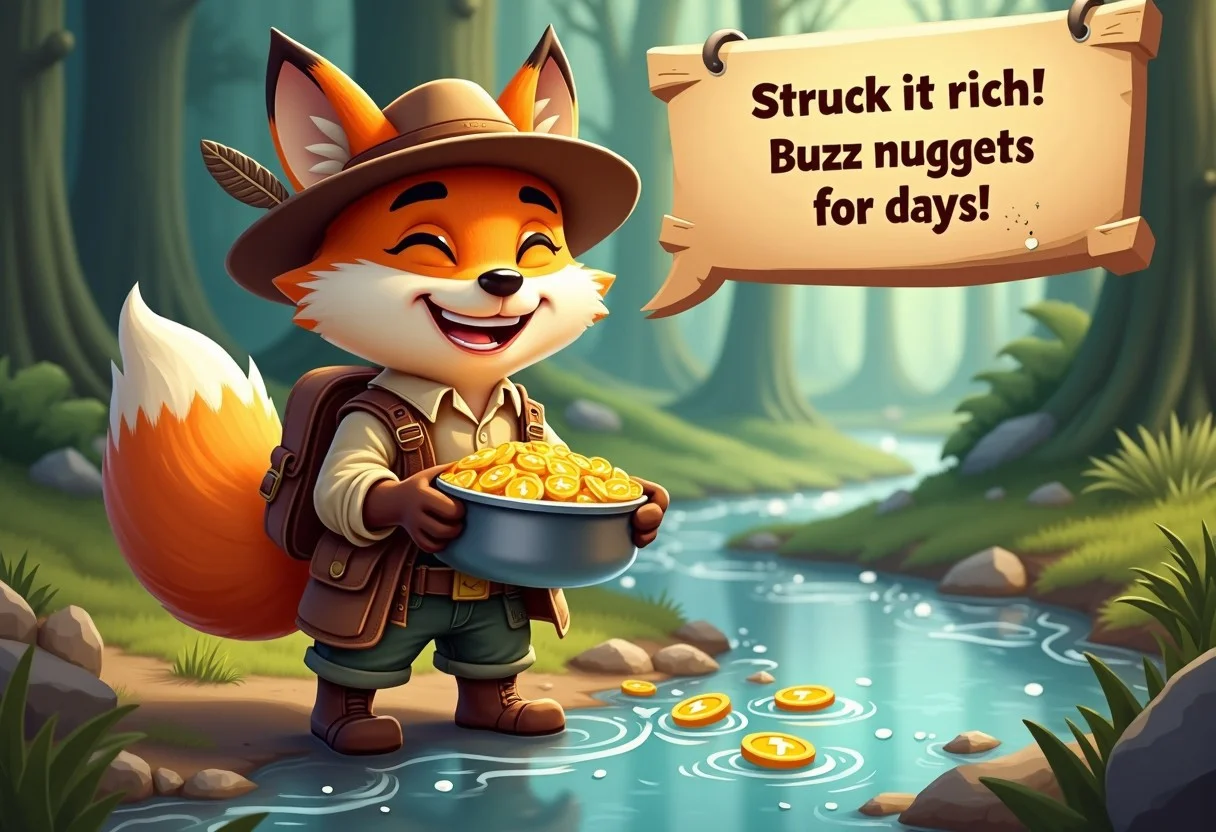 A young, adventurous fox dressed like an old-school prospector stands beside a bubbling creek in a lush forest. The fox’s outfit is straight out of a gold rush scene—he wears a wide-brimmed hat with a feather sticking out, a dusty vest, and patched-up pants. Slung over his shoulder is a worn, leather satchel, and in his hands, he grips a pan filled with sparkling water and tiny, coin-shaped buzz gems glinting under the sunlight.
The creek sparkles with a scattering of these buzz coins, round with a faint lightning bolt symbol in their centers. The fox’s tail swishes in excitement as he grins widely, showing off a toothy, triumphant smile. In the background, you can see tall trees with beams of sunlight filtering through, casting a warm glow on the scene.
Above him, a text bubble reads:
“Struck it rich! Buzz nuggets for days!”
The whole image captures the thrill of discovery, with the fox prospector’s sheer joy and excitement over his unexpected find in this serene, woodland setting.
