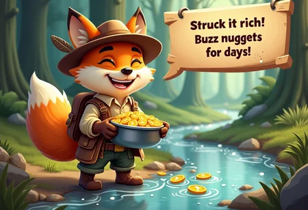 A young, adventurous fox dressed like an old-school prospector stands beside a bubbling creek in a lush forest. The foxâs outfit is straight out of a gold rush sceneâhe wears a wide-brimmed hat with a feather sticking out, a dusty vest, and patched-up pants. Slung over his shoulder is a worn, leather satchel, and in his hands, he grips a pan filled with sparkling water and tiny, coin-shaped buzz gems glinting under the sunlight.
The creek sparkles with a scattering of these buzz coins, round with a faint lightning bolt symbol in their centers. The foxâs tail swishes in excitement as he grins widely, showing off a toothy, triumphant smile. In the background, you can see tall trees with beams of sunlight filtering through, casting a warm glow on the scene.
Above him, a text bubble reads:
âStruck it rich! Buzz nuggets for days!â
The whole image captures the thrill of discovery, with the fox prospectorâs sheer joy and excitement over his unexpected find in this serene, woodland setting.
