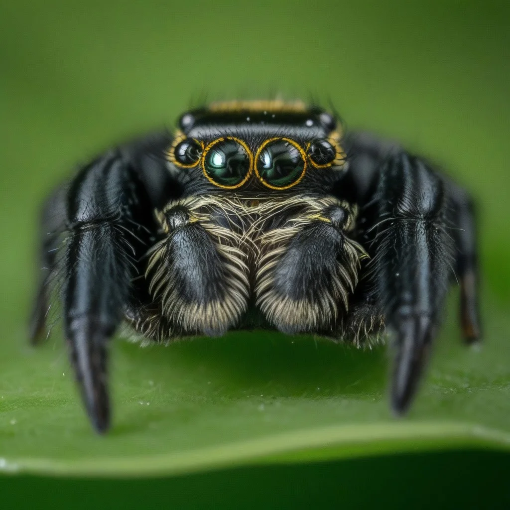jumping spider, black and yellow, sitting on a green leaf, looking at the viewer