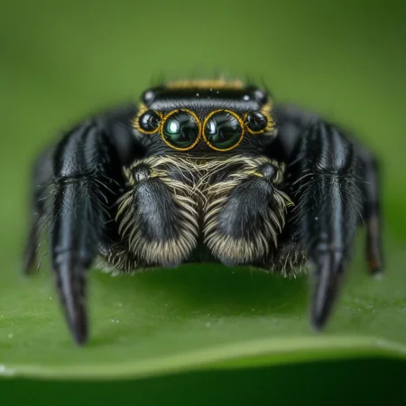 jumping spider, black and yellow, sitting on a green leaf, looking at the viewer