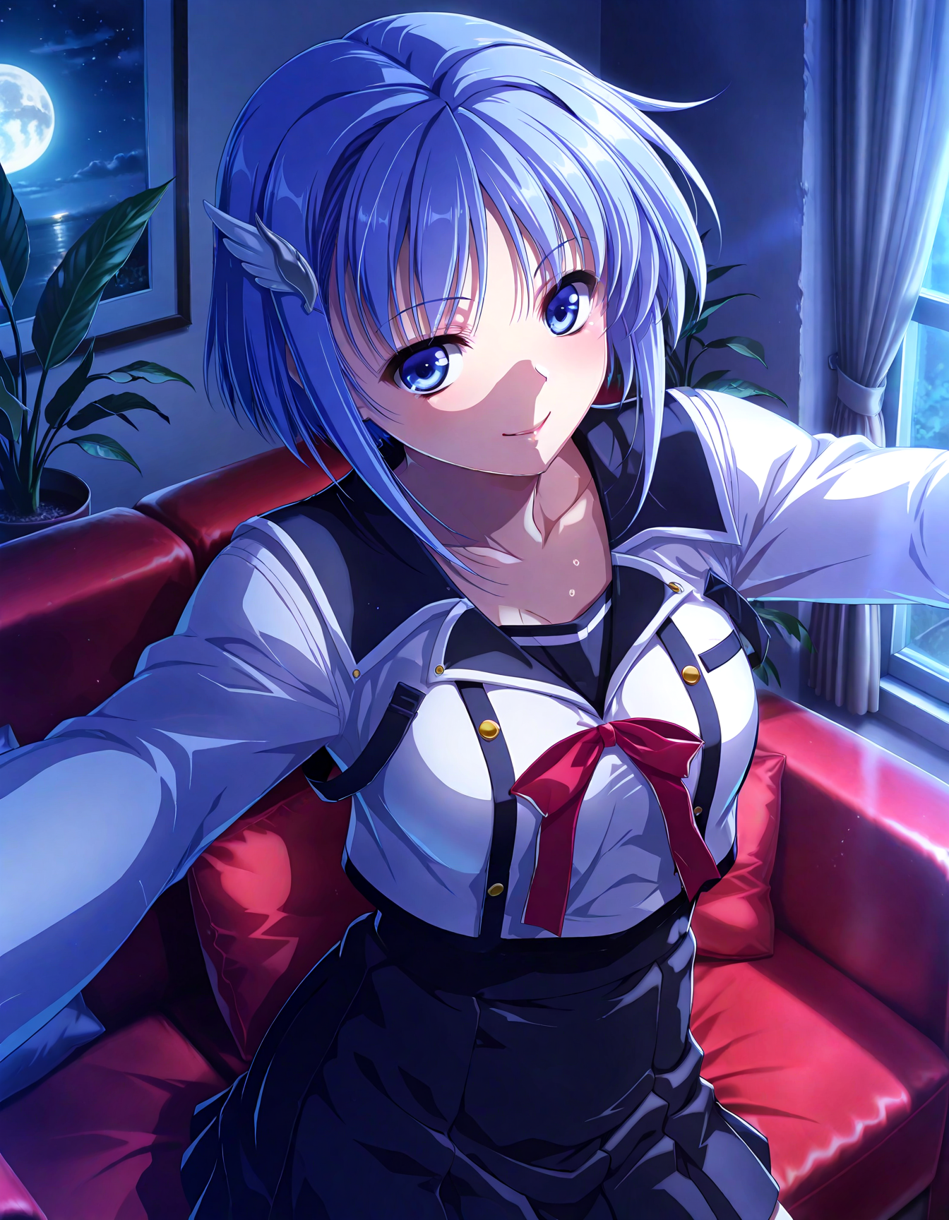 (1girl, solo:1.3), (2girls, 3girls, 4girls, multiple girls, 2boys, 3boys, 4boys, multiple boys:-1.5) <lora:Kajio_Honoka_Denshanai_de_Now_Illustrious:0.9>, kajio_honoka, medium breasts, blue eyes, blue hair, short hair, bangs, sidelocks, hair ornament, school uniform, serafuku, red ribbon, black skirt, pleated skirt, smile, open eyes, general, contrapposto, dynamic pose, outstretched arms, upper body, straight-on, from above, , indoors, living room, couch, cushion, round table, window, outdoor view, curtains, (green theme:1.2), plant, potted plant, flower, (perspective:0.7), <lora:NOOB_EPSv1_1_detailer_by_vlnvk_v1_0:1.5>, (photo background:0.7), night, (tachibana yuu:0.6), inue shinsuke, (kazuma muramasa:0.0), saikawa yusa, (aoi manabu:0.6), abarerumidori, (suzui narumi:0.6), masterpiece, newest, absurdres, 8K, anime screenshot, anime coloring, flat color, official art, film grain, <lora:illustriousXLv01_stabilizer_v1.185c:0.7>, <lora:LECO_Solo:-4.0>,