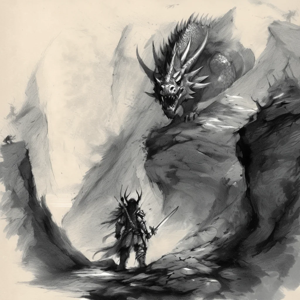 drawix8 a warrior with a sword stands in front of a rock with a dragon cave, expressive drawing, dragon land in the background, dark atmosphere <lora:drawix8:1>