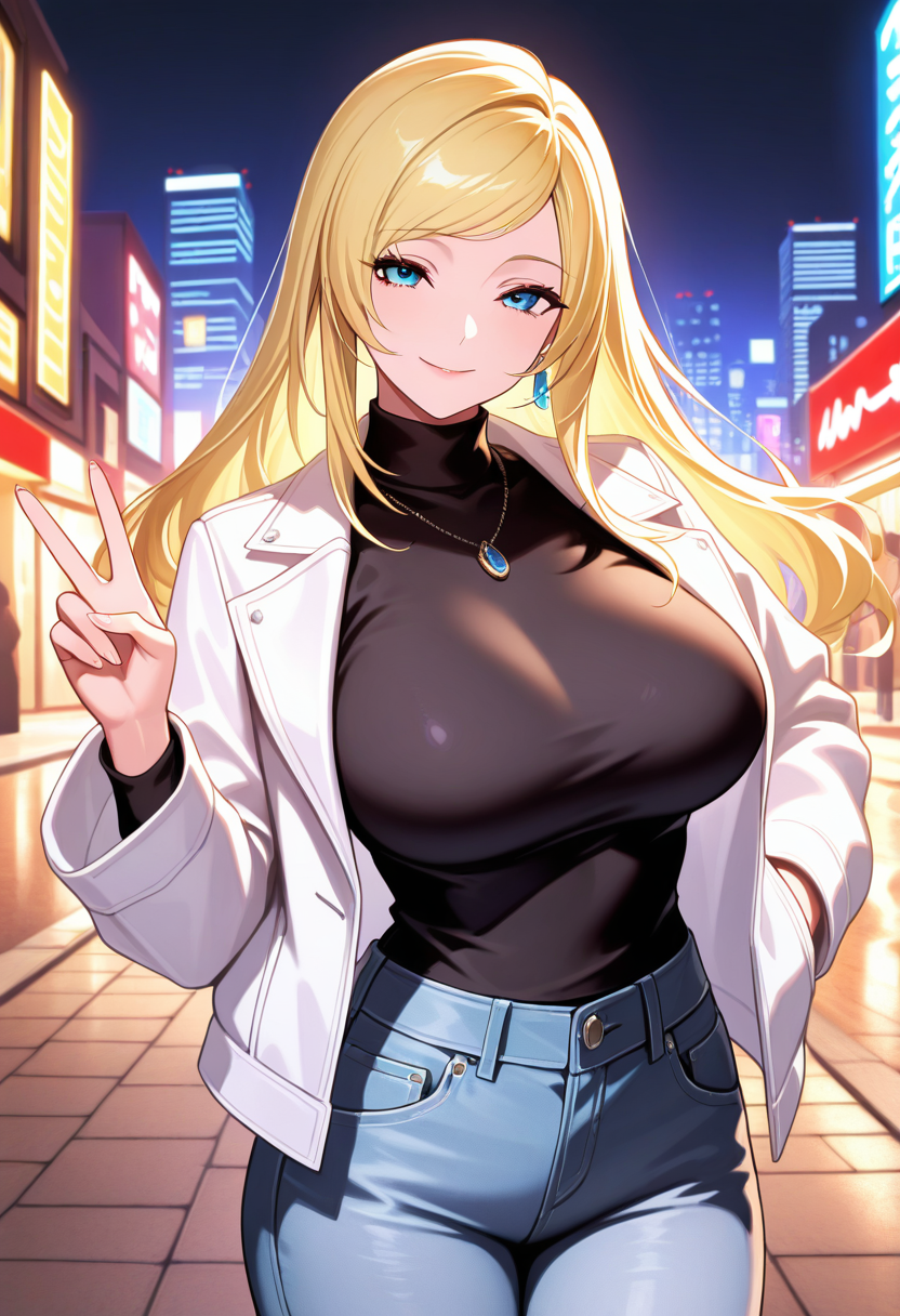 masterpiece, best quality, newest, absurdres, highres,  <lora:BJenetXVIllustrious:0.9>, JNTKXV, blonde hair, blue eyes, long hair, swept bangs, large breasts, cityscape, street, night, seductive smile, black turtleneck, white jacket, necklace, jeans, 1 girl, solo, cowboy shot, hand gesture, v,