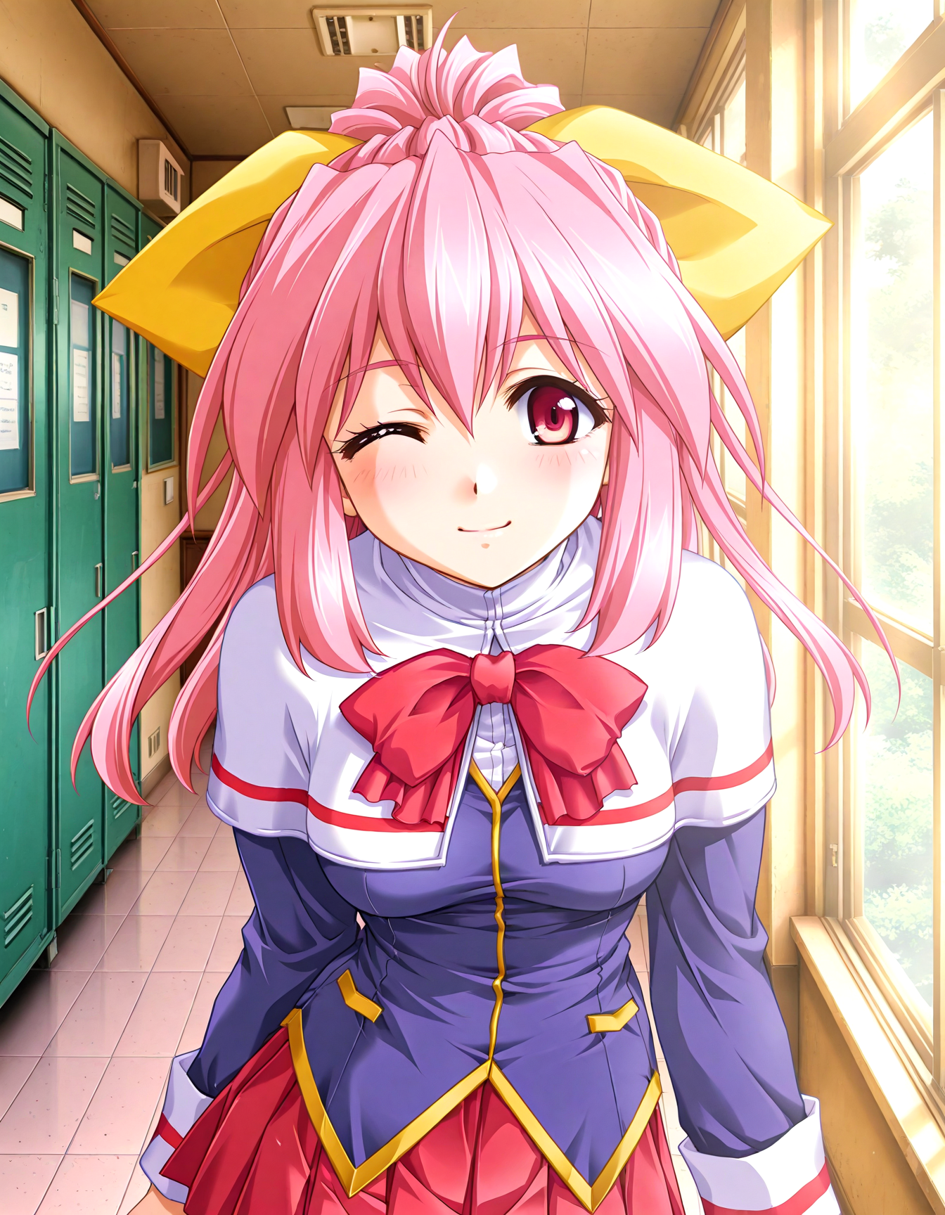 (1girl, solo:1.3), (2girls, 3girls, 4girls, multiple girls, 2boys, 3boys, 4boys, multiple boys:-1.5) <lora:Inuyama_Tsumugi_Dokusen_Illustrious:0.9>, inuyama_tsumugi, medium breasts, red eyes, pink eyes, pink hair, long hair, ponytail, hair bow, hair ribbon, yellow ribbon, school uniform, long sleeves, wrist cuffs, white capelet, capelet, red bowtie, bowtie, red skirt, pleated skirt, miniskirt smile, (tongue out:0.7), one eye closed, general, contrapposto, dynamic pose, , upper body, straight-on, from above, , indoors, school, school hallway, corridor, lockers, window, outdoor view, (curtains:-1.0), <lora:NOOB_EPSv1_1_detailer_by_vlnvk_v1_0:1.5>, (photo background:0.7), day, (tachibana yuu:0.6), inue shinsuke, (kazuma muramasa:0.0), saikawa yusa, (aoi manabu:0.6), abarerumidori, (suzui narumi:0.6), masterpiece, newest, absurdres, 8K, anime screenshot, anime coloring, flat color, official art, film grain, <lora:illustriousXLv01_stabilizer_v1.185c:0.7>, <lora:LECO_Solo:-4.0>,
