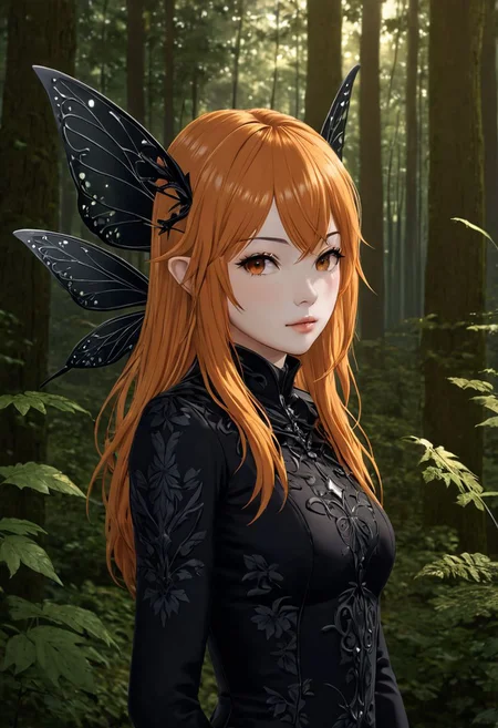 Dark Fairy Style,orange hair,forest background,realistic lighting