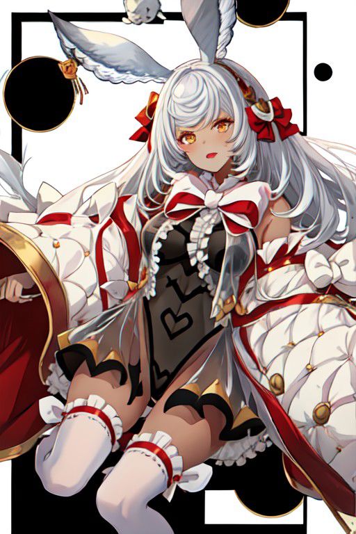 makuradef, rabbit ears, hair bow, black leotard, frills, detached sleeves, white thighhighs