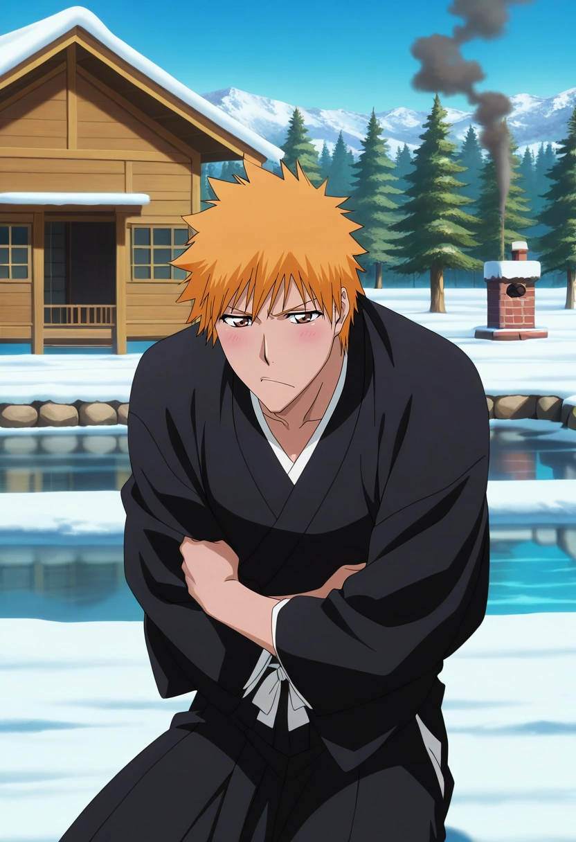 masterpiece, best quality, , anime screencap, anime coloring, official style, , , 1boy, solo, male focus, <lora:ichigo_kurosaki_ilxl:1>, ichigo_kurosaki, 1boy, orange hair, brown eyes, short hair, spiked hair, , japanese clothes, , fullbring, snowy forest, snow, frozen river, tree, cabin, smoke, chimney, early morning, hugging self, rosy cheeks,