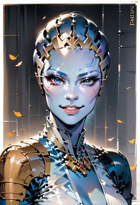 score_9, score_8_up, score_7_up, score_6_up, score_5_up, score_4_up, <lora:mestyle-asari-230810-2-d128-a32:0.8>, An asari with (light blue skin:1.4), in a blue and white formal dress, gold accents, open front, beautiful blue eyes, looking at viewer, smirk, <lora:Anime Summer Days Style SDXL_LoRA_Pony Diffusion V6 XL:0.7>,  <lora:add-detail-xl:1>
