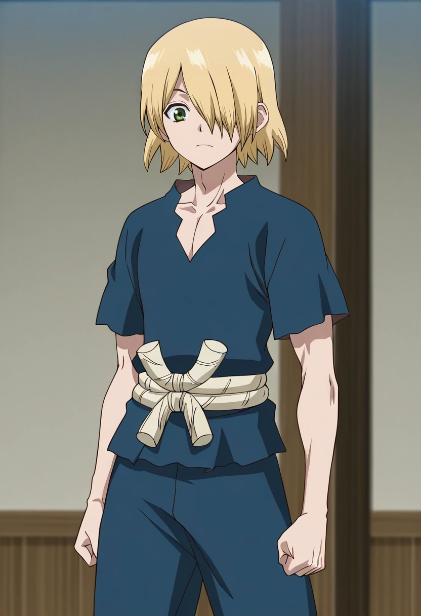masterpiece, best quality, anime screencap, official style, anime coloring, cowboy shot, 1boy, solo, male focus, <lora:ginrou_dr_stone_ilxl:0.92>, ginrou_dr_stone, blonde hair, green eyes, short hair, hair over one eye, ,