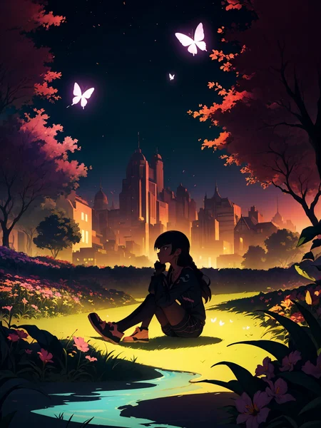 <lora:add_detail:0.5> <lora:backlight_slider_v10:-1.2>, (toon \(style\):1.5), (darker shadow:1.5)
ultra-detailed cartoon, complex environment, young woman with long hair, sitting amidst glowing flowers and butterflies, night setting, distant city lights, exaggerated background detail, vibrant colors, narrative-driven, perfect textures, whimsical and enchanting