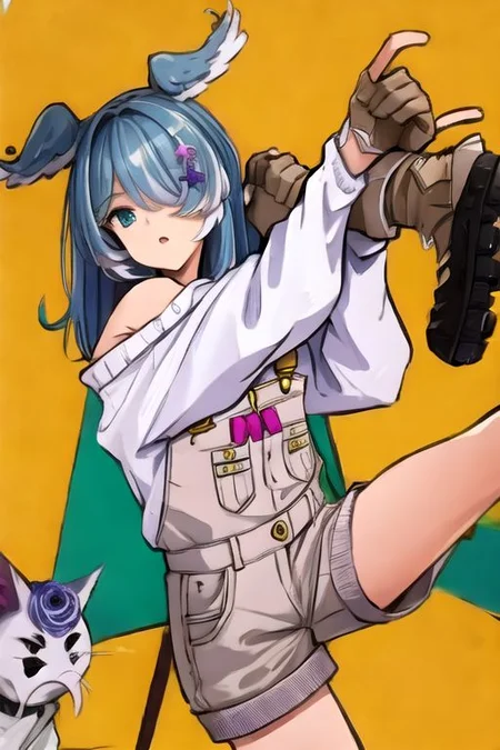 solo, 1girl, solo_focus, (((masterpiece))), ((best quality)), ((ultra-detailed)), high resolution, absurdres, highres, ultra-detailed 8k unity wallpaper,
elira1st, long sleeves, overalls, white sweater, off shoulder, grey gloves, one eye covered, overall shorts