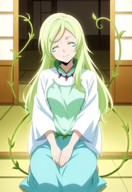 anime screencap, masterpiece, best quality,
<lora:TenSura_Treyni_IlluXL:0.9>,
1girl, solo, parted lips, smile, ^ ^, head tilt,
long hair, green hair, blue eyes, facial mark, vines,
multicolored dress, white dress, green dress, necklace, long sleeves,
long skirt, blue skirt,
seiza, looking at viewer,
indoors, east asian architecture, shoji, tatami, blurry background