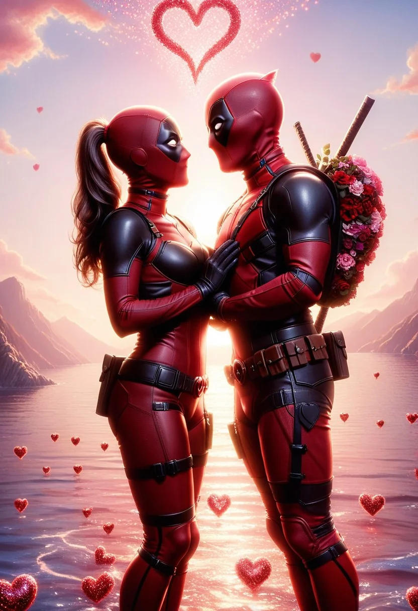 a highly detailed digital pastel painting of ((lady deadpool proposing to lady deadpool, ral-vltne style, hearts in the air, love)), sexy, mid shot, sunlight reflecting, close-up, intricate, volumetric lighting, masterpiece, best quality