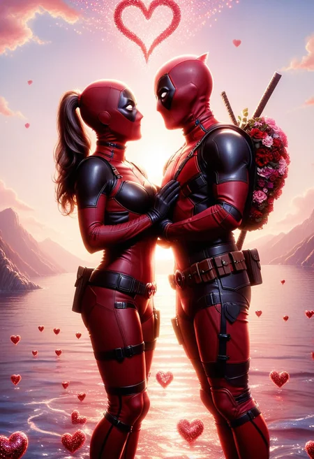 a highly detailed digital pastel painting of ((lady deadpool proposing to lady deadpool, ral-vltne style, hearts in the air, love)), sexy, mid shot, sunlight reflecting, close-up, intricate, volumetric lighting, masterpiece, best quality