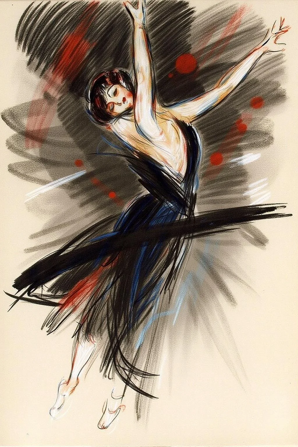 paulcesarhelleu1 illustration. A dancer in a dynamic pose, wearing a minimalist black outfit. Her body is illuminated with a blend of blue and warm tones, contrasting against a chaotic and abstract background of bold, sweeping strokes in black, white, and deep red. Red splatters and sharp, curving lines add energy and tension to the composition, creating a balance between elegance and raw, expressive movement, <lora:paulcesarhelleu1_cap_d6a3e11:1.0><lora:844372063662775908:0>