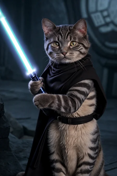 a master jedi cat in star wars with a lightsaber, wearing a jedi cloak hood (cat:1.3)