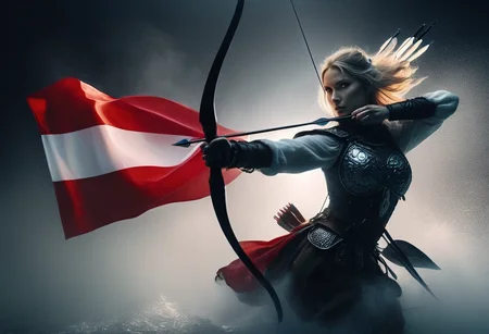 a beautiful polish archer jumping out of the water wrapped in the polish flag. in one hand she holds a royal scimitar sword, on her shoulder a pukler with an emblem, inkpunk style,thematic background, side light, rim lighting, studio lighting, ultra quality, sharp focus, film grain, Fujifilm XT3, highly detailed glossy eyes, high detailed skin, skin pores, winter, snowing,
dark fantasy, romantic,dynamic fighting pose,,natural pose, dark fantasy style, raw, uhd, dslr, em 80mm, dslr, hdr, , cinematic shot, dark fantasy, style,raw photo, glowing neon fog, dslr, raw, 16k UHD,
<lora:sdxl_lora_archer:0.9> <lora:PerfectEyesXL:0.8> perfecteyes