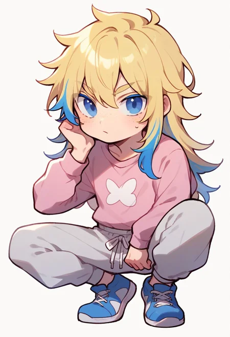 score_9,score_8_up,score_7_up, solo, chibi, score_9, score_8_up, score_7_up, boy, art by Loose Gestural and kaethe butcher,colorful, anime, pink tshirt, grey sweatpants, blue sneakers, blue eyes, (blonde eyebrows), asian, blonde hair, long hair, (blue highlights hair), masculine, high quality, daylight, full body, dynamic pose, white background, freckles, crouching, giggling