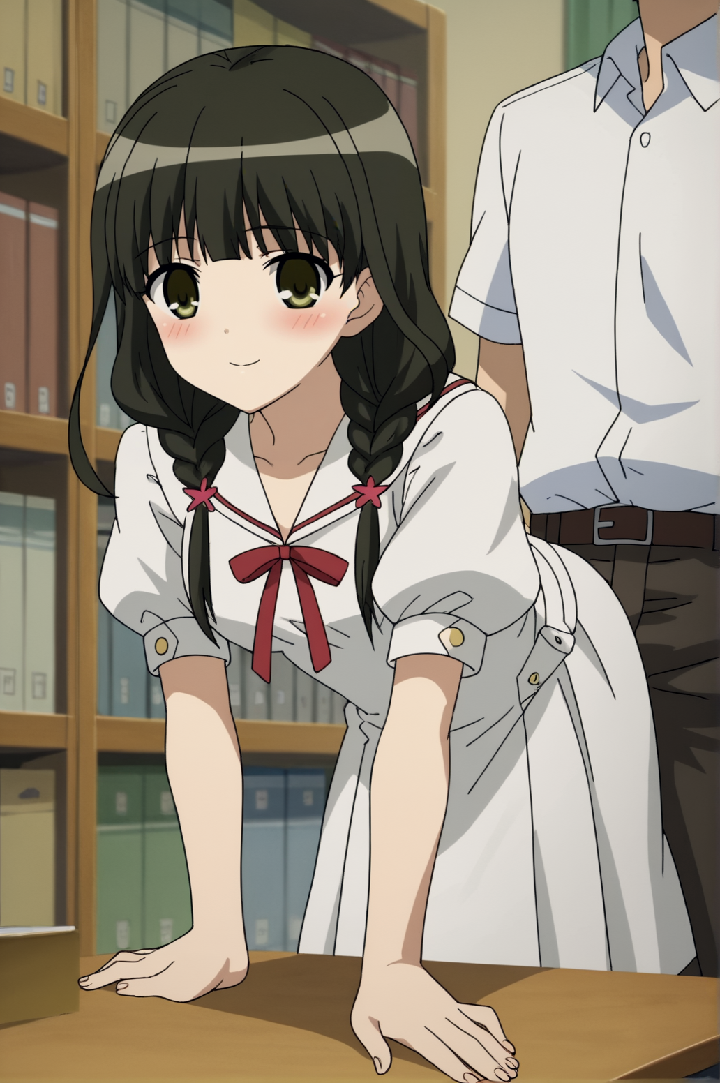 score_9, score_8_up, score_7_up,anime_source, source_anime, best background, detailed background, anime screencap,  kaname, Ookami school outfit, blush, bookshelf, light smile, doggystyle, indoors, <lora:JN_ookami_kakushi:0.8>
