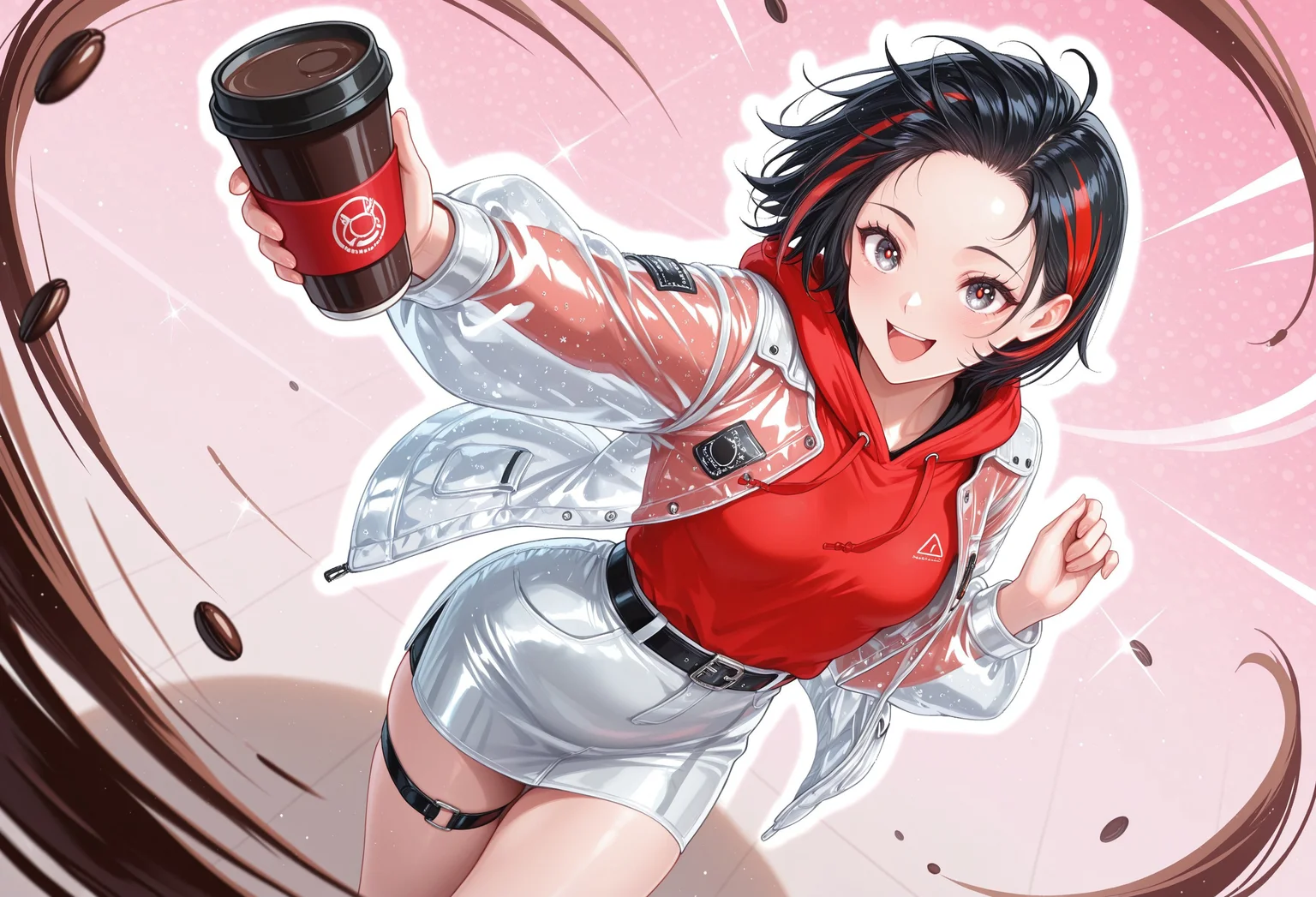 1rregular_b0, hyperdetailed_bg, (4bstr4ct_bg:1.4), (full_bg:1.4), ((detailed background, dynamic background, uncommon angle), (food_filled_bg), pink background, glittering, coffee beans,
(1 girl, solo, extend hand up, hold, coffee drink, :D, excited, dynamic pose), (techwear, white see-through jacket, open jacket, red hoodie, white inner shirt, cool pattern, white pencilskirt, thigh strap, stockings, pocket, belt, tag), ((great anatomy, correct anatomy, akariL, wide forehead, black hair, short hair, red_streaked_hair, greenish_grey_pupils, red_iris, small breasts)),
front view, high angle, cowboy shot,
((masterpiece, absurdres, newest, best quality, visual impact, very aesthetic, perfect quality, absolutely eye-catching)), 4K, detailed facial features, detailed clothing features, detailed texture,