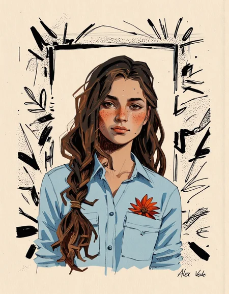 By Alex Vede. A digital illustration shoot from a portrait camera angle about a portrait of a young woman with long, curly brown hair and freckles, set against a simple beige background with a black and white abstract frame. the image also shows a soft, warm color palette. on the middle of the image, a 1woman, who appears to be in her early twenties, with a serious expression, is facing the viewer. she is wearing a blue shirt with a red flower on the left side of her chest. her hair is styled in long, wavy locks that frame her face, and she has dark brown hair with a few strands framing her face. her eyes are brown and she is looking directly at the viewer with a neutral expression.
1girl, solo, long hair, looking at viewer, simple background, shirt, brown hair, brown eyes, upper body, collared shirt, parted lips, hair over shoulder, black hair, hair flower, curly hair, blue shirt
camera_angle: portrait, art_style: digital illustration, location: NA, background: beige with abstract shapes, textured lines, and a square frame in the middle, text: NA;NA, image_composition: middle;middle, clothing: blue shirt, hair_color: brown hair;brown hair, distance_to_camera: upper body;upper body, hair style: long hair;long hair, braided, race: light skin;light skin, pants: NA