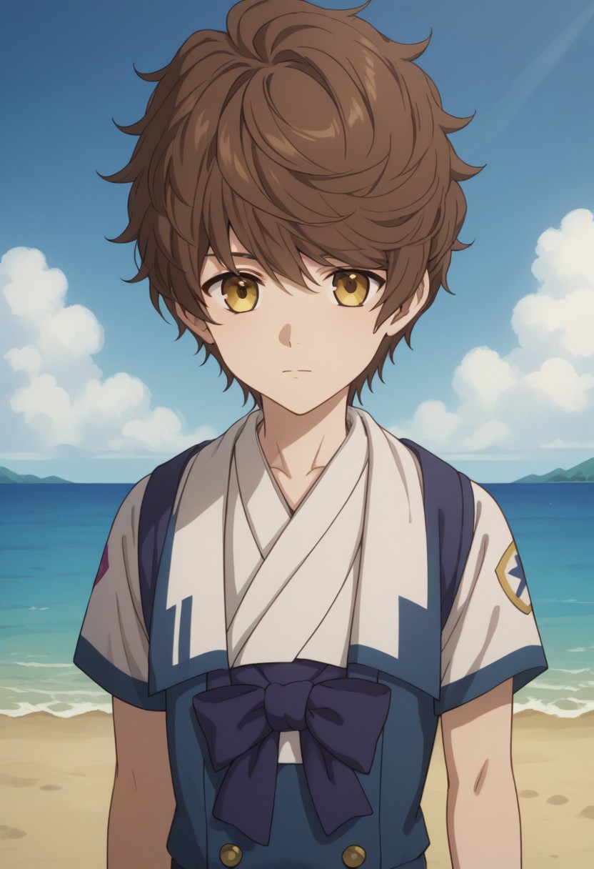 score_9, score_8_up, score_7_up, source_anime, highly detailed, 
mamoru, solo, brown hair, 1boy, male focus, upper body, looking at viewer, pants, blue pants, yellow eyes, standing, brown eyes, short hair, closed mouth, pants, blue pants, kamisu school uniform, buttons, shirt, bow, purple bow,
outdoor, sky,