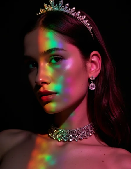 Extreme closeup of a multicolored woman with face bathed in patterned light, deep shadows, interesting play between light and shadows, black studio background, retro scan, lofi, pastel colors, grainy, vintage, colorful polaroid with vibrant colors, color splash, internal glow, subsurface scattering, splash art, an elegant massive necklace shimmers in the rays of the sun, elegant tiara,
<lora:sameface2:-0.6>