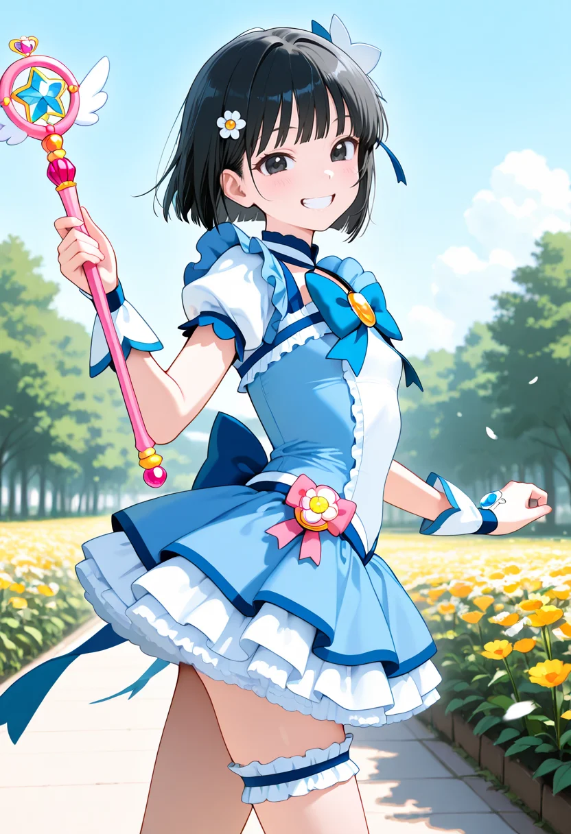 masterpiece,best quality,amazing quality, very aesthetic, ((outlined outlined vector graphics)), cute face, (glow eyes:0.5) , from side, looking at viewer ,beautiful scenery,
1girl,
20yo, black hair, black eyes, short bob hair, hair pin,small breast, slender,(white thigh strap:1.1),bangs
,
blue clothes, (focus female), grin, happy, action pose, (clothed:1.1),
magical girl outfit, magical girl, frilles, happy, wand , open eyes , (kawaii) , hair ornament , flowers <lora:magical-girl-outfit-il-20:0.8>