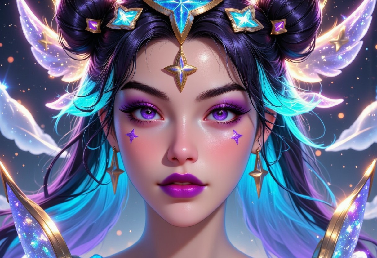 pinkenchantedmj, a digital painting showcasing PSG Syndra. Her eyes are purple, framed by thick, dramatic eyelashes. She has a pale, porcelain skin tone. She has two-toned hair, black and turquoise hair, twin buns. She has hair ornaments. She is wearing PSG clothes. upper body shot. blue and turquoise glitters shimmering all around her. her eye makeup is glittery and purple. closed mouth, serious look. her body and face is glowing like galaxies. she is surrounded by swirling, vibrant cosmic colors, vibrant star planet, ultra-detailed and photorealistic rendering, soft ambient lighting, starry nebulae in the background, dynamic and radiant color gradients, glowing reflections, cinematic composition, surreal and otherworldly atmosphere, intricate facial features, flowing hair infused with cosmic energy, luminous and ethereal, celestial radiance, soft yet detailed textures, otherworldly beauty. upper body shot
