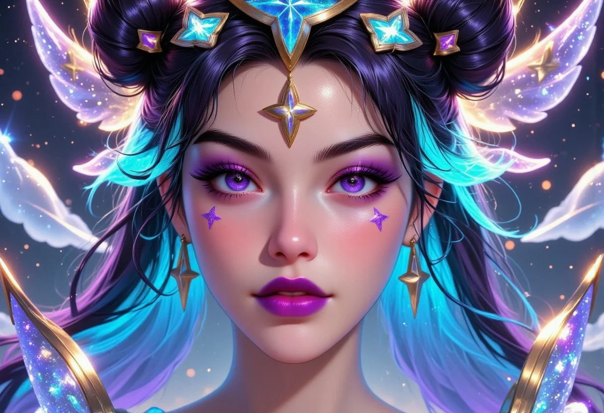 pinkenchantedmj, a digital painting showcasing PSG Syndra. Her eyes are purple, framed by thick, dramatic eyelashes. She has a pale, porcelain skin tone. She has two-toned hair, black and turquoise hair, twin buns. She has hair ornaments. She is wearing PSG clothes. upper body shot. blue and turquoise glitters shimmering all around her. her eye makeup is glittery and purple. closed mouth, serious look. her body and face is glowing like galaxies. she is surrounded by swirling, vibrant cosmic colors, vibrant star planet, ultra-detailed and photorealistic rendering, soft ambient lighting, starry nebulae in the background, dynamic and radiant color gradients, glowing reflections, cinematic composition, surreal and otherworldly atmosphere, intricate facial features, flowing hair infused with cosmic energy, luminous and ethereal, celestial radiance, soft yet detailed textures, otherworldly beauty. upper body shot