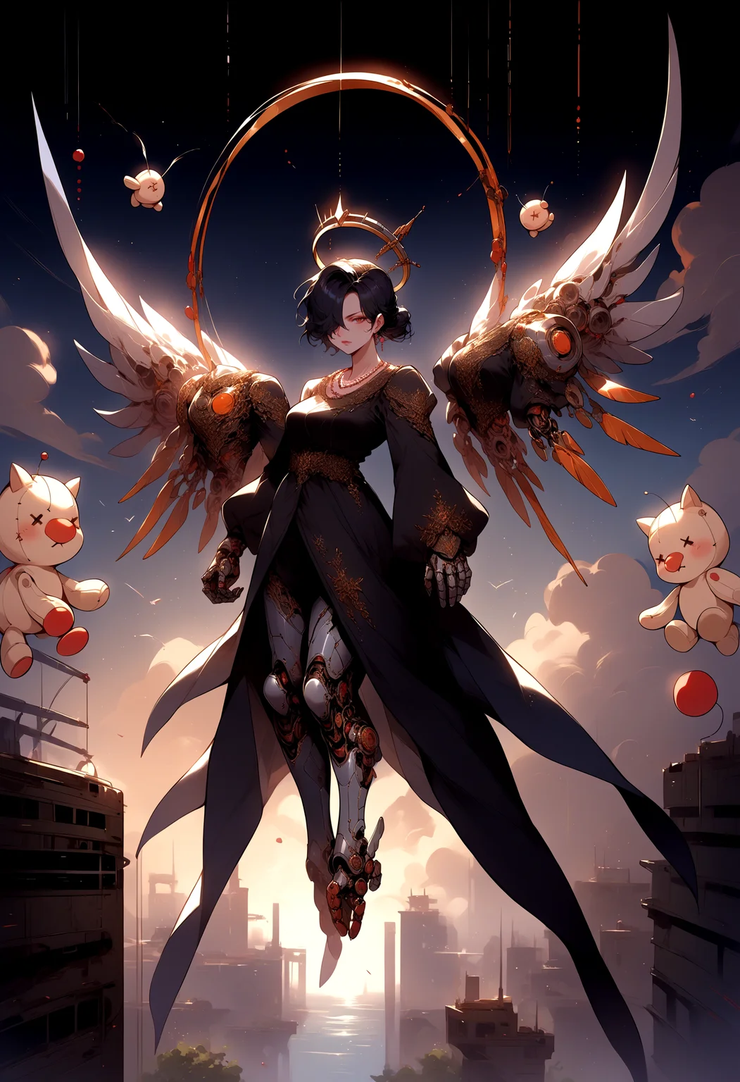 score_9, score_8_up, source_anime, 1girl, LuluX, jewelry, moogle, <lora:LuluX_XLPD:1>, hair over one eye, black hair, <lora:wrenchsmechsxl:1> wrenchsmechs, mechanical arms, mechanical legs, mechanical eyes, mechanical halo, mechanical wings, mature female, flying, full body,