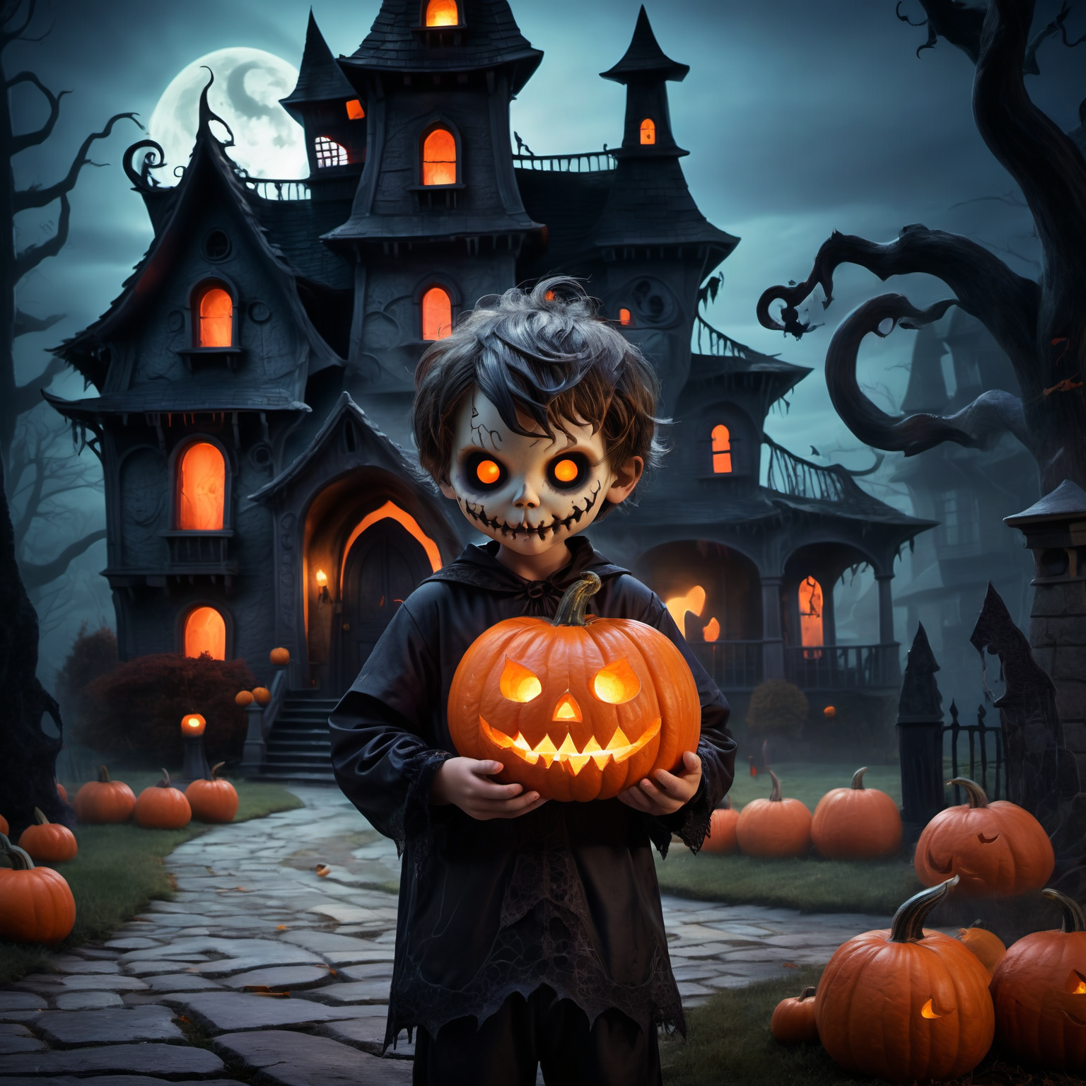 a mischievous boy in a Halloween costume, standing in front of a haunting house with a pumpkin in hand. The boy's costume is a playful yet spooky creation, with vibrant colors, whimsical accessories, and a mischievous grin on his face. He holds a perfectly carved pumpkin, its candlelight flickering with an enchanting glow. The haunting house behind him exudes an air of mystery, with its looming presence, creaking doors, and eerie shadows.<lora:halloweenXL:0.8>