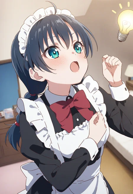 1girl,sincos, ningen mame, toosaka asagi,solo,medium breasts,20yo,maid,maid headdress,
Idea Light Bulb,<lora:Idealightbulb_XL_v1:0.8>
blue hair, green eyes,disdain, bedroom, open mouth, multi-tied hair,,
best quality, very aesthetic, absurdres