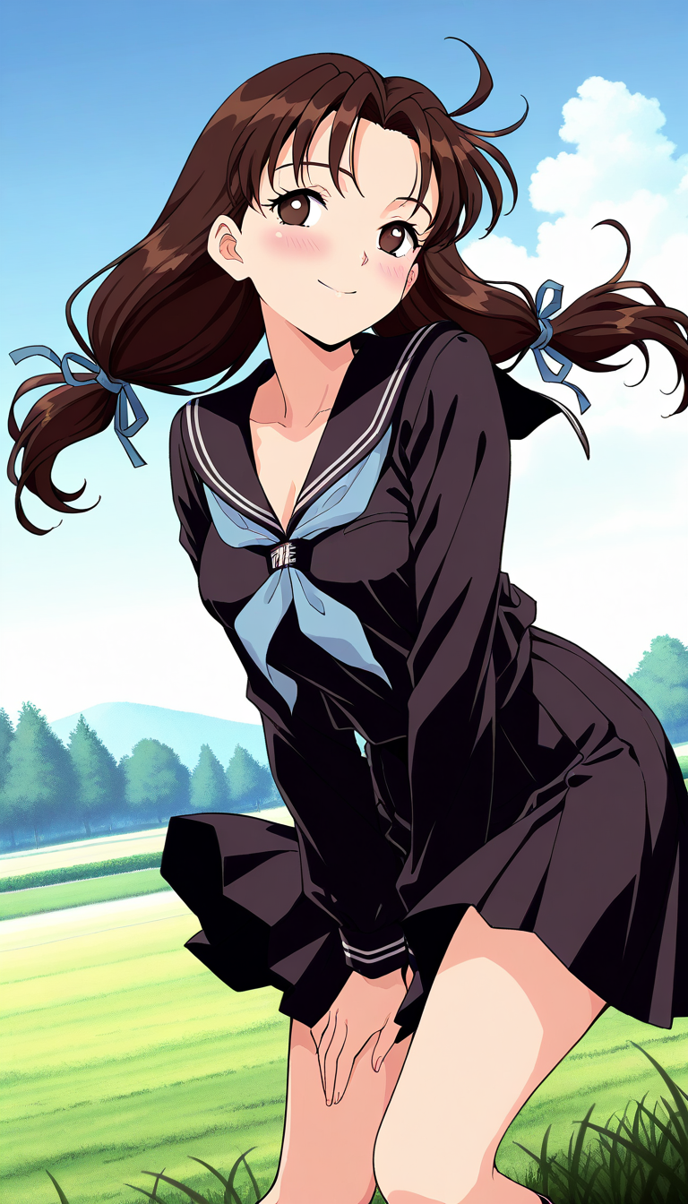 masterpiece, best quality, good quality, <lora:Minegishi_Kyouko_IS:1> 
Minegishi_Kyouko, brown hair, ahoge, brown eyes, breasts, long hair, twintails, hair ribbon, blue ribbon,  
1girl, solo, school uniform, black skirt, blush, black serafuku, long sleeves, smile, 
grass, day, sky,