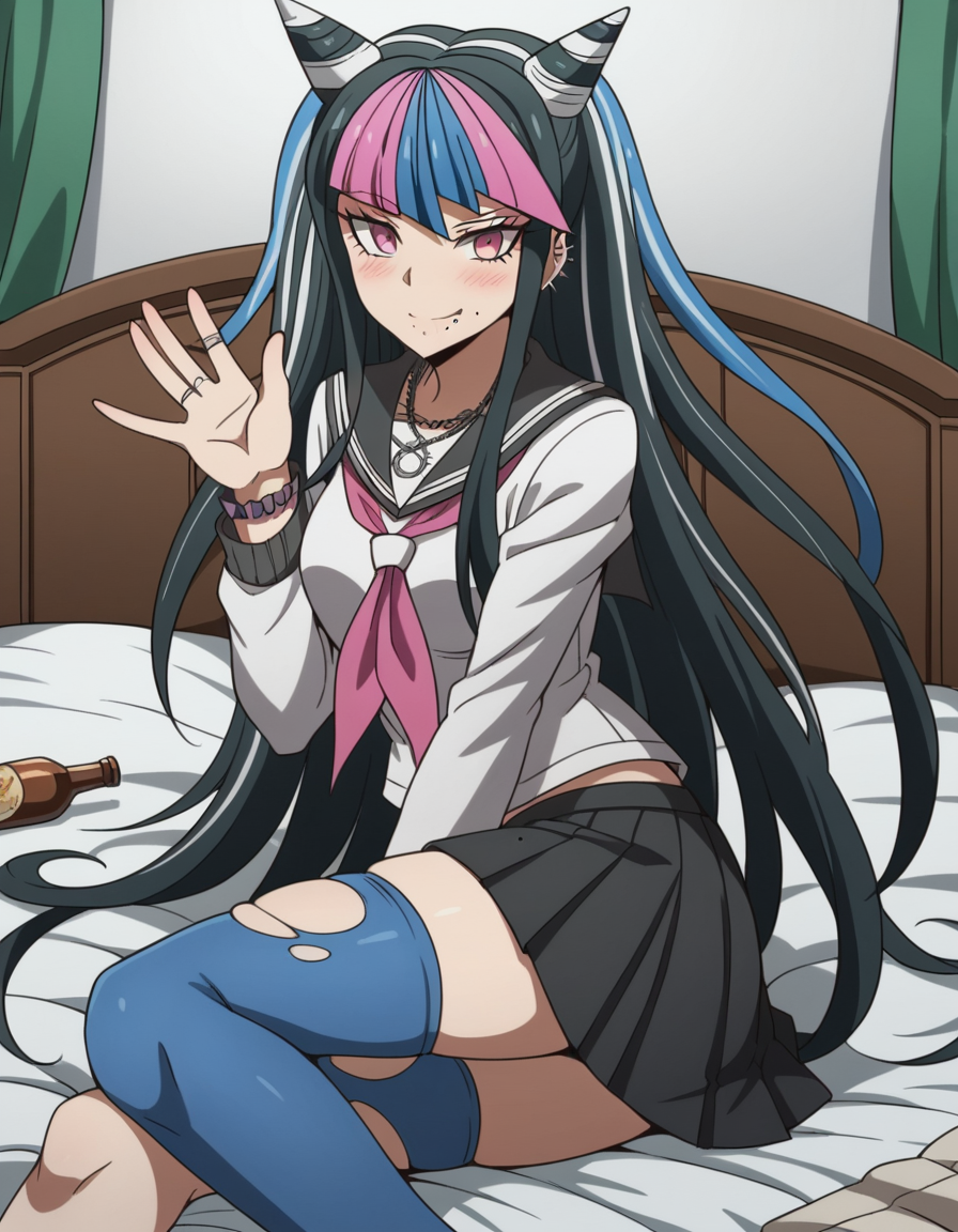 score_9, score_8_up, score_7_up, source_anime, <lora:ibuki-mioda-s2-ponyxl-lora-nochekaiser:1>, ibuki mioda, black hair, blue hair, hair horns, ear piercing, lip piercing, long hair, multicolored hair, pink eyes, pink hair, white hair,, asymmetrical legwear, black skirt, blue thighhighs, jewelry, mismatched legwear, neckerchief, necklace, piercing, pleated skirt, ring, school uniform, serafuku, shirt, skirt, thighhighs, torn clothes, torn thighhighs, zettai ryouiki,, indoors, bed, bed room, on side, blush, drunk,, smile, looking at viewer, hand waving, solo,, cowboy shot, dutch angle