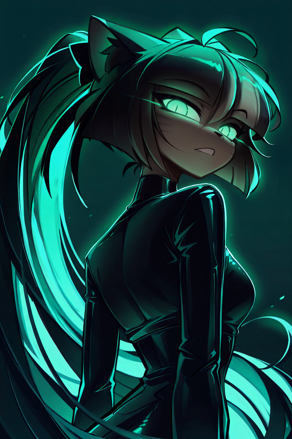 Score_9, score_8_up, score_7_up, masterpiece, best quality, newest, absurdres, highres,kookie, 1girl, animal ears, solo, green eyes, cat ears, ahoge, green hair, glowing eyes, slit pupils, glowing, ponytail, bangs, looking at viewer, furry female, green background