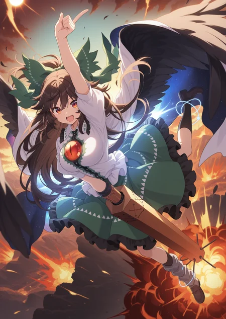 absurdres, highres, masterpiece, best quality, amazing quality, official anime artwork, screencap, anime screencap, outdoors, looking at viewer, smile, open mouth, dynamic pose, light particle,
arm up, explosion, fire, flame, index finger raised, molten rock, open mouth, pointing up, sun,
<lora:Utsuho-Reiuji_IllustriousV1.1.safetensors:1> reiuji utsuho, 1girl, solo, brown hair, green bow, hair bow, black wings, bird wings, third eye, medium large breasts,, arm cannon, green skirt, white cape, white shirt, puffy short sleeves, clenched hand, buttons,