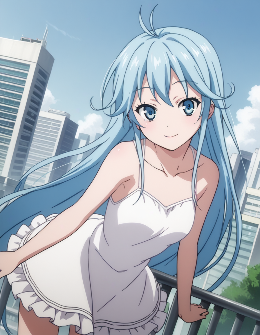 score_9, score_8_up, score_7_up, source_anime,
eriotouwa, <lora:erio-touwa-s1-ponyxl-lora-nochekaiser:1>,
erio touwa, long hair, blue eyes, very long hair, blue hair, ahoge, antenna hair,
dress, bare shoulders, white dress, frills, collarbone, frilled skirt, spaghetti strap,
outdoors, cityscape, bent over, smile,
looking at viewer, cowboy shot, dutch angle, solo,