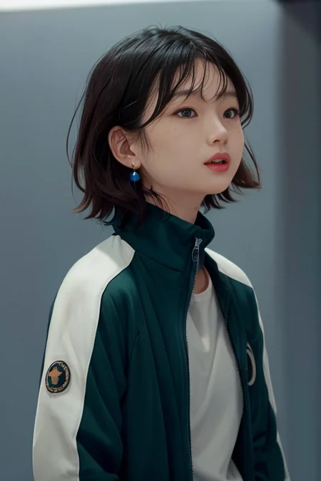 <lora:squidGame_v10:0.8>, (1girl), (best quality), (masterpiece), (high resolution), (intricate details), (photorealistic), (cinematic light) solo,jacket,blurry background, realistic, shirt, jacket, v, portrait, double v, blurry, black (green and blue jacket), (messy hair), (skin spots), (ultimate skin texture:0.5), hair, short hair, simple background, brown hair, teeth, closed mouth, open jacket, lips, looking at viewer, parted lips, male focus, white shirt, blurry background, blue eyes, open clothes, smile, , black eyes, track jacket, freckles, looking back, upper body, orange background, long sleeves, yellow background, nose, bangs, pants, turtleneck, indoors, close-up, solo focus, open mouth, plaid, looking up, outdoors, depth of field, looking to the side, brown eyes, black shirt, blue hair, looking away, print shirt, jewelry, white background, striped shirt, earrings, mole, reference inset, day, sun shining, shiny skin, sun flare,